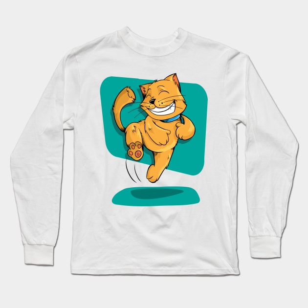 Orange cat jumping,funny orange cat Long Sleeve T-Shirt by Rakla